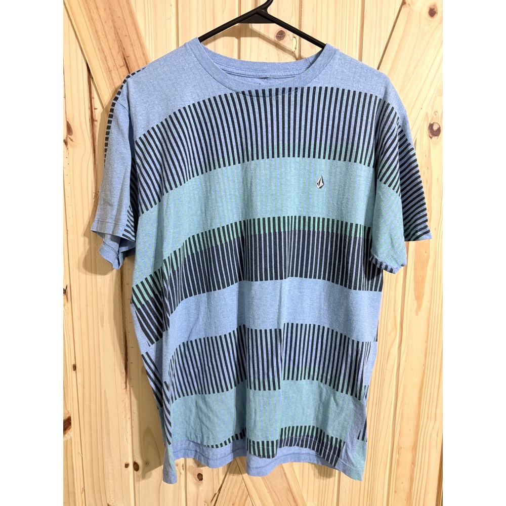 Volcom Mens Blue Striped Short Sleeve T-Shirt Large Geometric Stone Logo Tee
